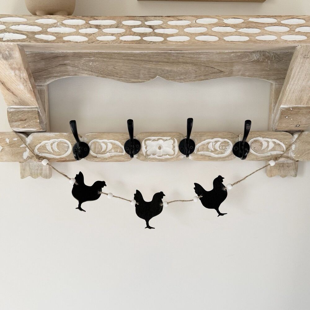 Farmhouse Chicken Garland Black Rooster Silhouettes on Beaded Twine